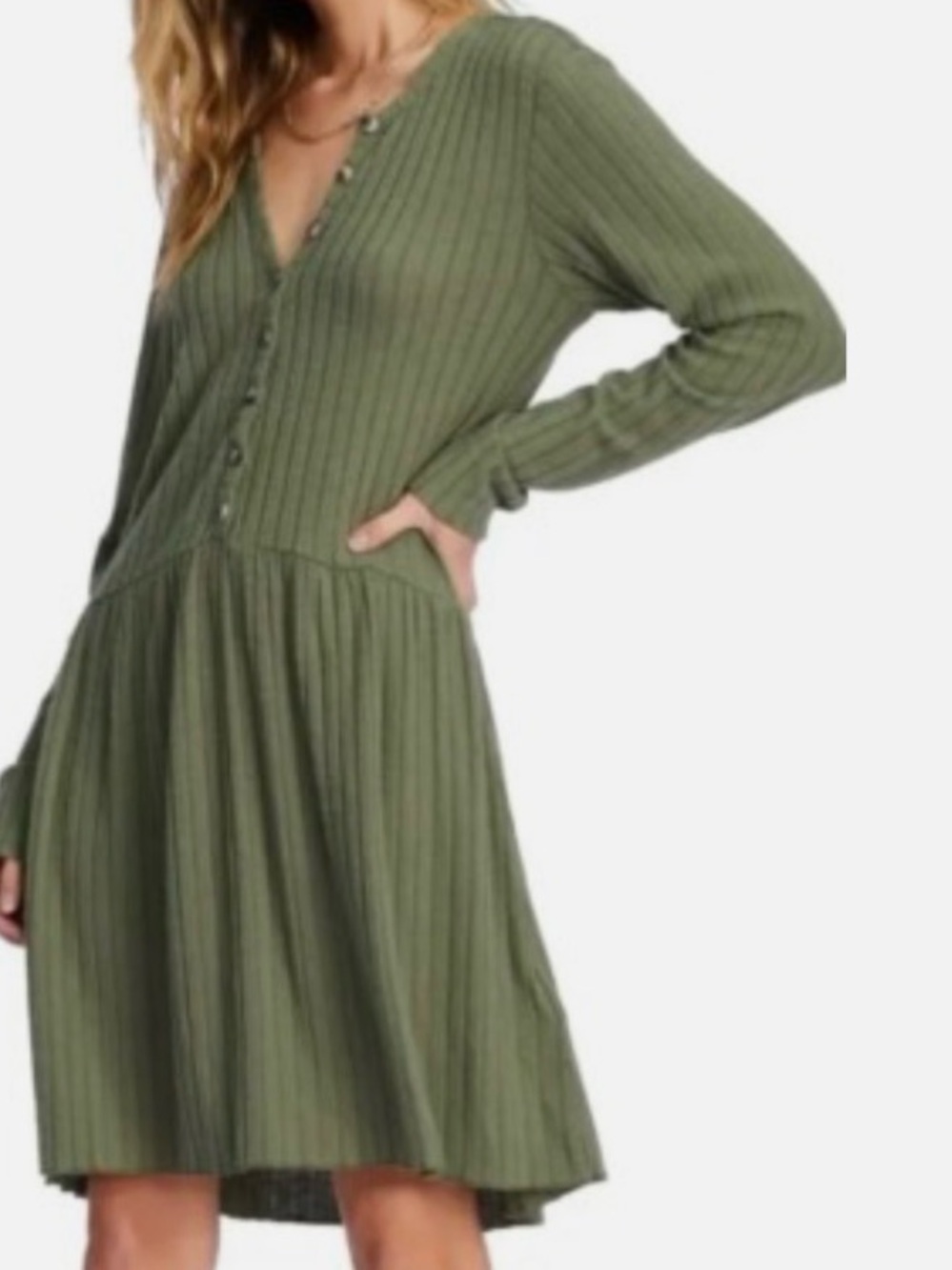 Olive Ribbed Button-Front Long Sleeve Dress